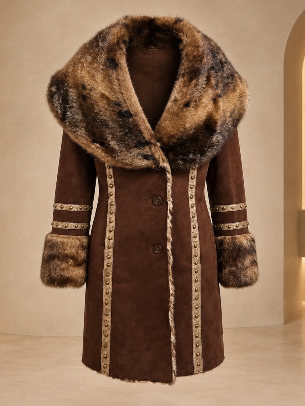 Women's Brown Faux Shearling Trimmed Pea Coat